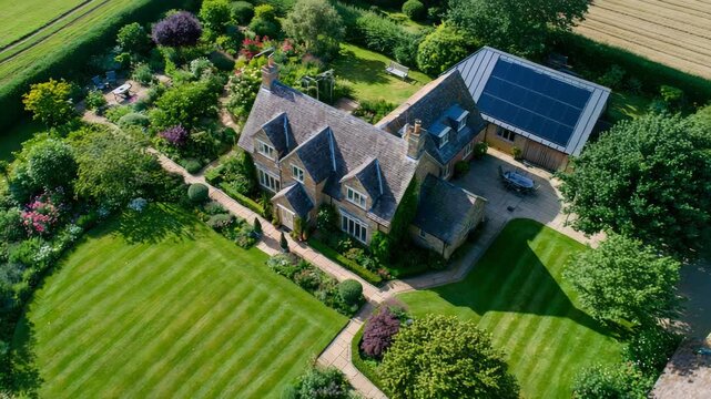 Cotswold stone country home with large landscaped garden, patio, and solar panels on outbuilding roof, aerial view