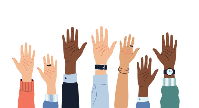 Group of diverse hands raised in the air representing unity, participation, and voting in a clean flat vector illustration.