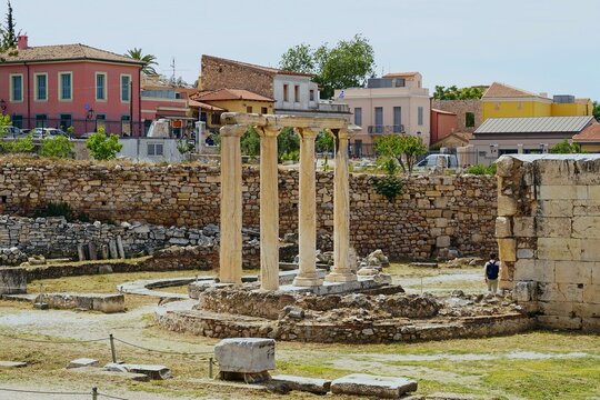 Ancient stone columns in the Roman Agora (market), in Athens, Greece