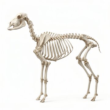 Anatomical skeleton of goat standing against white background for biology research and educational use.