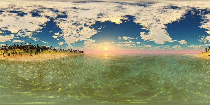 Tropical beach at sunset. hdri, environment map, round panorama, spherical panorama, equidistant projection, panorama 360. 3d rendering