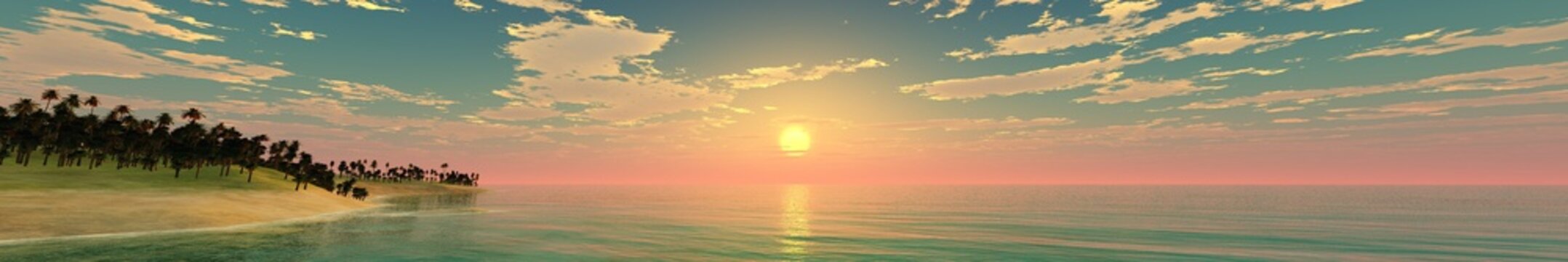 Beautiful beach with palm trees at sunset, panorama of a tropical landscape, sea sunset,
3d rendering