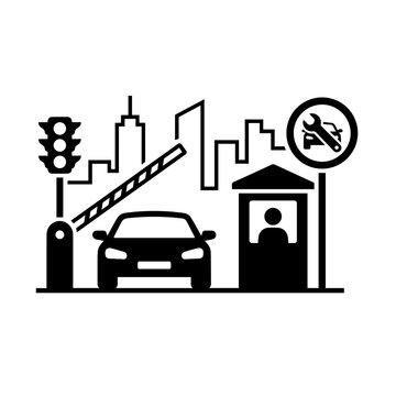 Urban vehicle security checkpoint icon with traffic light and repair symbol