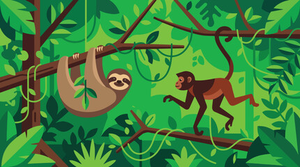 Obraz premium Sloth and monkey in jungle habitat.