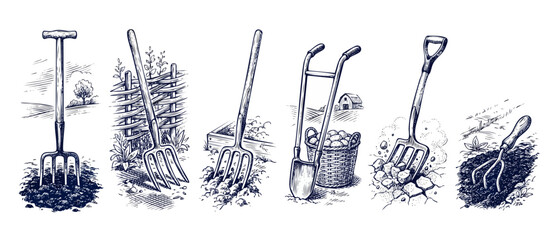 Garden tool sketch illustration set. Vintage engraving drawing of pitchfork shovel fork rake farming equipment. Rustic hand drawn agriculture icons vector design collection isolated on white backgroun © Dinali