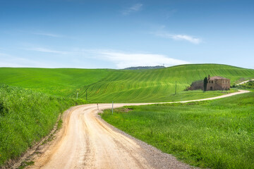 Naklejka premium Via Francigena Road and Abandoned Farmhouse, Torrenieri, Tuscany