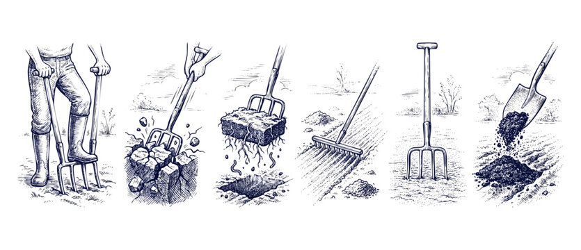 Gardening tools hand drawn illustration showing digging soil with pitchfork, shovel, and rake on white background. Vintage engraving style sketch of agriculture, farming steps, and garden work tool.