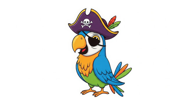 Colorful Parrot Wearing Pirate Hat and Eye Patch on White Background