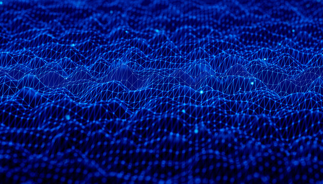3D digital terrain mesh with blue wireframe depth