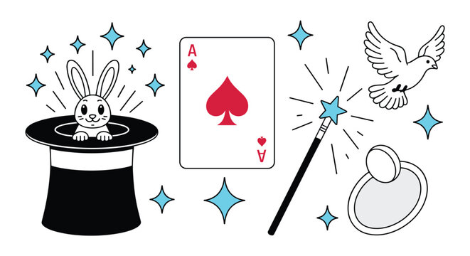 Magic Show Elements: A whimsical illustration of a magician's top hat with a rabbit emerging, an ace of spades playing card, a magic wand with a starburst, and a dove taking flight.