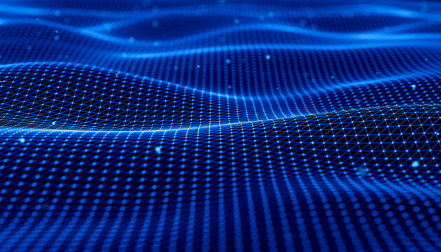 3D virtual grid current with flowing blue data lines