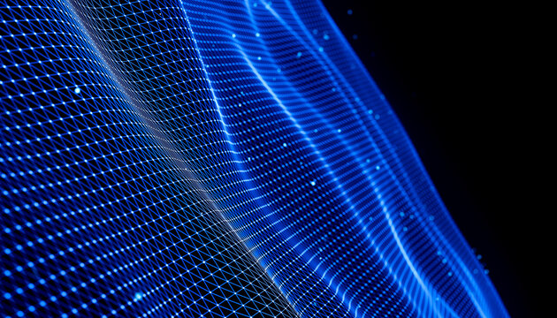 3D curved mesh with blue digital perspective