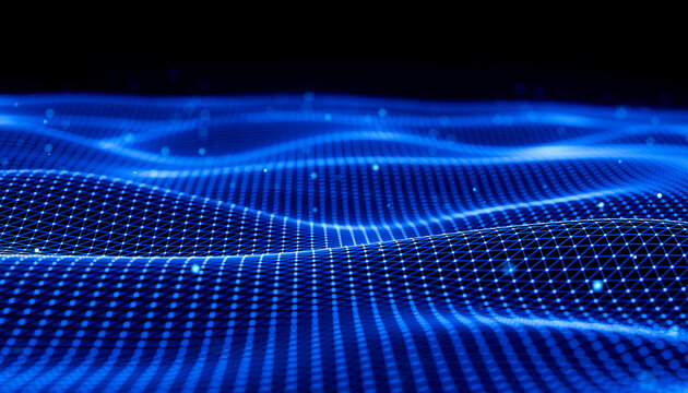 3D data wave horizon with luminous grid surface depth