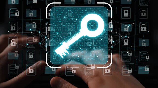 Digital Security Concept with Key Symbol and Hands Interacting with Lock Icons on a Screen Background Representing Cyber Protection Sigmoid