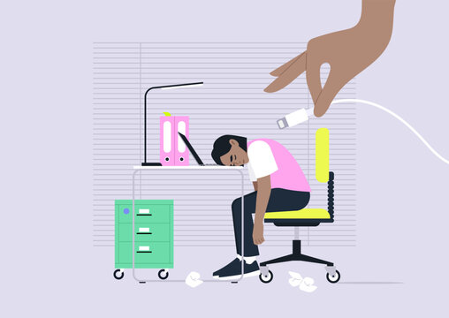 A worker slumped over their desk struggles to stay awake, surrounded by crumpled papers and office supplies, A hand reaches with a charger, emphasizing the need for energy and focus.