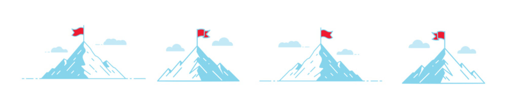 Summit of Success: A series of stylized mountain peaks, each crowned with a red flag, symbolize ambition, goal achievement, and reaching new heights in a clean, illustrative style.
