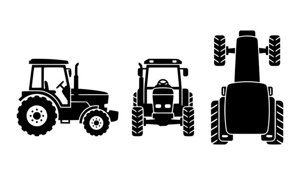 Minimal agricultural tractor silhouette collection front side and aerial view vector set isolated on white background