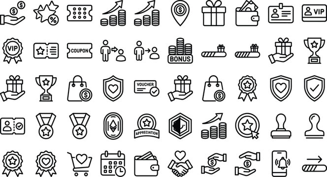 Customer Loyalty Program and Rewards Line Icon Set with Gift Boxes, VIP Badges, Discount Coupons, and Bonus Shopping Symbols for Business App Designs