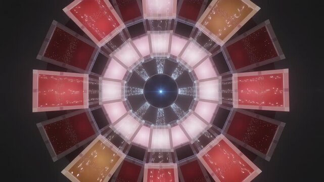 Radial geometric pattern generating a glowing effect with light particles streaming towards central point creating digital tunnel.