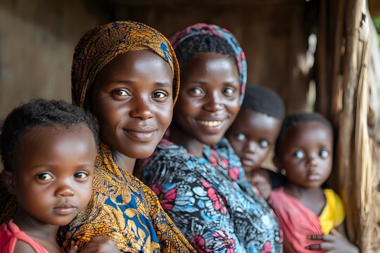 Close-up portrait of a smiling african mother holding her baby, with other children and women in the background, depicting family and community life.
