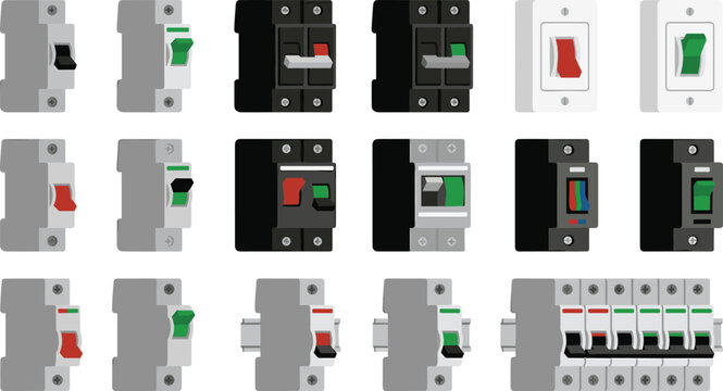 Electrical circuit breaker and switch collection with miniature breakers, safety disconnects and power control equipment illustrations