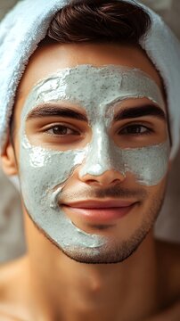 Close-up portrait of a smiling young man with a clay face mask and towel on head.