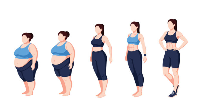 Sequential stages of female body transformation showing weight loss and muscle development from obesity to athletic fitness.