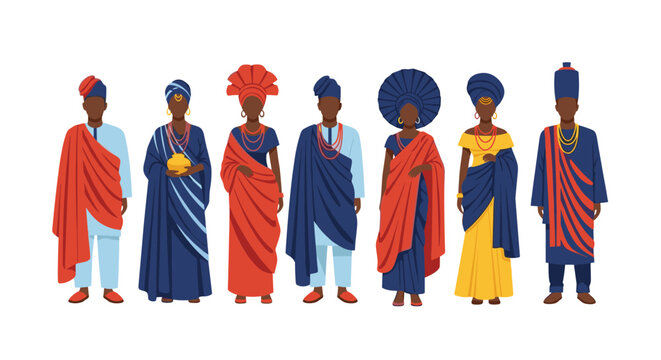 Diverse group of men and women wearing colorful traditional African clothing and headwraps in a horizontal line.