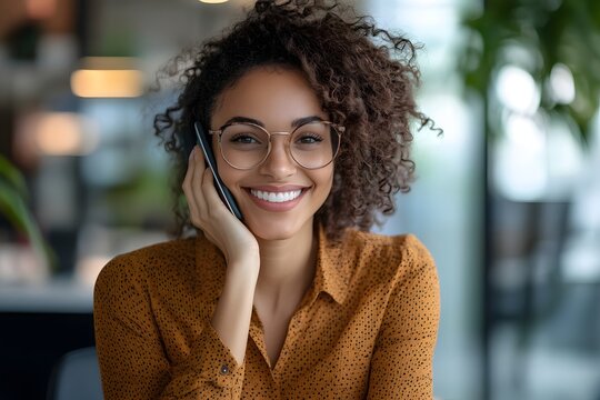 Happy woman with curly hair and glasses talking on a smartphone in a bright office