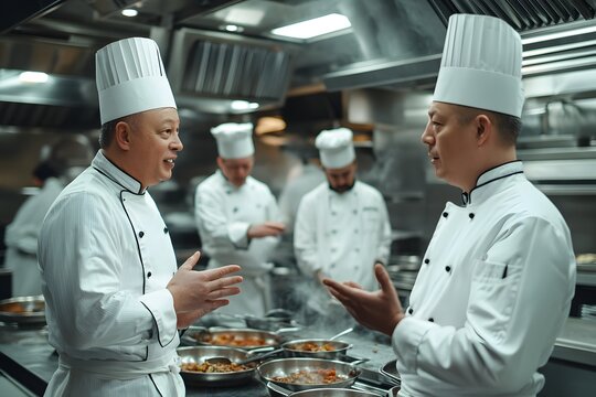 Professional chefs talking and collaborating while cooking in a busy commercial kitchen