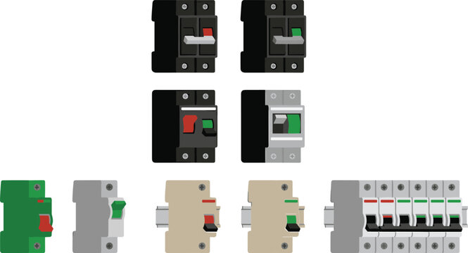 Electrical circuit breaker collection with miniature breakers, safety switches and power distribution control equipment illustrations