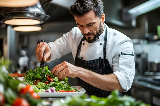 Professional chef preparing a fresh organic salad in a modern commercial restaurant kitchen