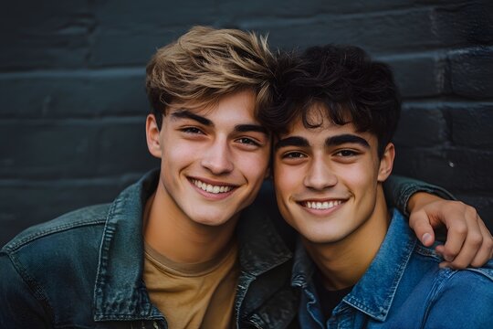 Two happy young men with diverse hairstyles smiling and embracing affectionately against a dark urban brick wall.