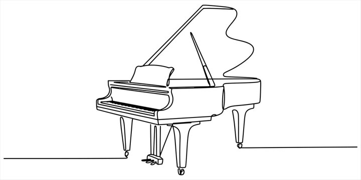 Continuous line drawing of a grand piano with open lid and music stand