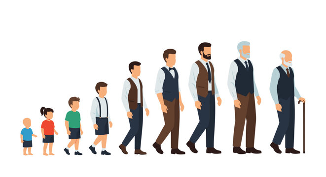 Illustration showing the life cycle of a man from a crawling infant through childhood and adulthood to an elderly senior.