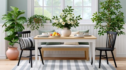 Fototapeta premium Dining room interior with plants and modern furniture