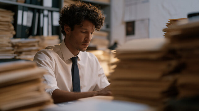Overworked public defender preparing case files late at night in cluttered county office with stacked client folders printed police reports public records and legal precedent