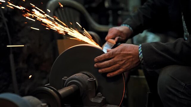 Slow motion close up of sharpening a knife on professional electric grinder wheel. Extreme detail of bright industrial sparks flying from steel blade.