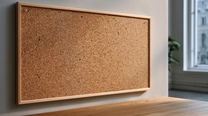 Fototapeta premium Empty cork board mounted on an office wall with scattered pushpin holes and faint paper ghost marks left behind, minimal texture and warm neutral tones, perfect for planning