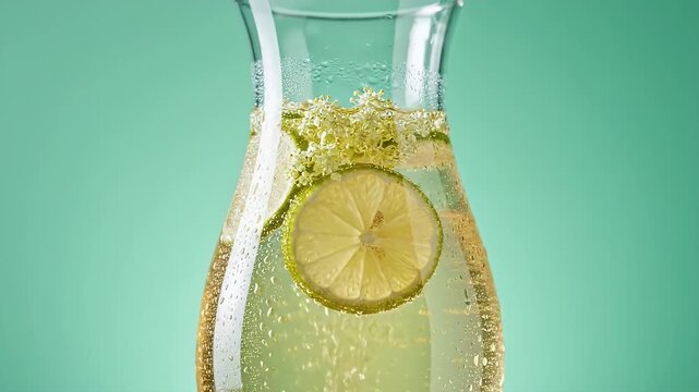 Refreshing Sparking Citrus Beverage in Glass Carafe with Lime Slices and Bubbles Against Teal Background Studio Shot