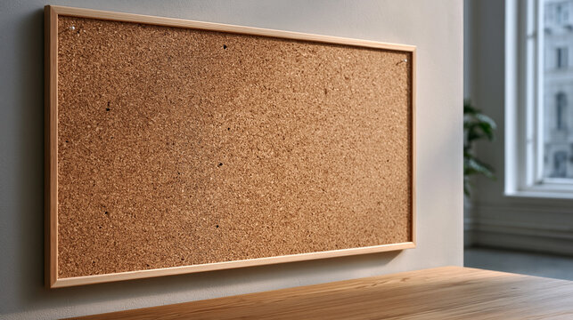 Empty cork board mounted on an office wall with scattered pushpin holes and faint paper ghost marks left behind, minimal texture and warm neutral tones, perfect for planning