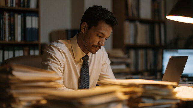 Overworked public defender preparing case files late at night in cluttered county office with stacked client folders printed police reports public records and legal precedent