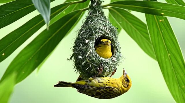 Bright yellow weaver birds constructing hanging nest from green leaves in a lush tropical habitat