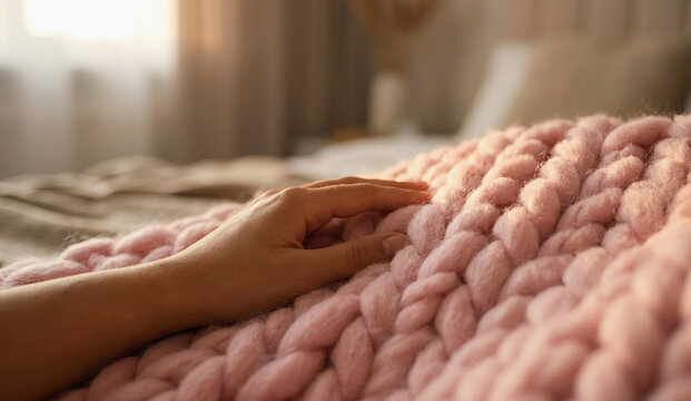  Hand touching soft pink knitted blanket close up