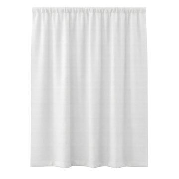 A single white fabric curtain panel featuring subtle horizontal stripes, hanging with soft vertical folds, isolated on a white background