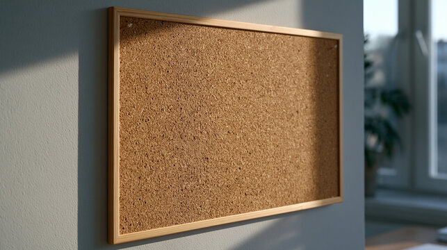 Empty cork board mounted on an office wall with scattered pushpin holes and faint paper ghost marks left behind, minimal texture and warm neutral tones, perfect for planning