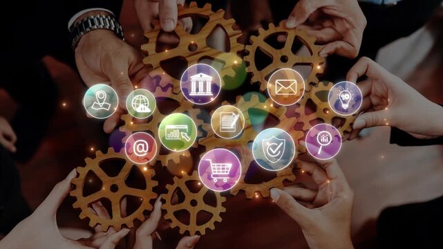 Diverse hands engage in collaboration, holding gears and icons symbolizing various business functions, representing teamwork and innovation in a modern office setting. Raster