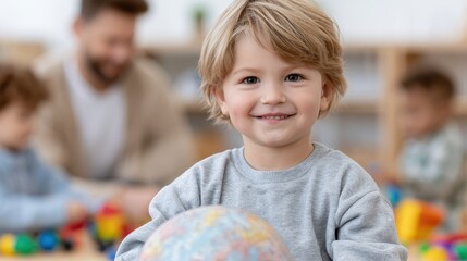 Fototapeta premium Smiling child engaged in classroom activity, early education, learning development and school concept.