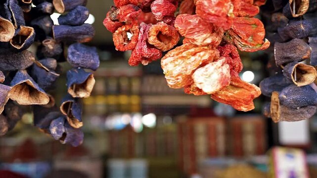 Dried peppers and eggplants from Gaziantep Turkish cuisine. Close up shot of traditional sun dried vegetables hanging for authentic cooking.