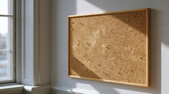 Empty cork board mounted on an office wall with scattered pushpin holes and faint paper ghost marks left behind, minimal texture and warm neutral tones, perfect for planning
